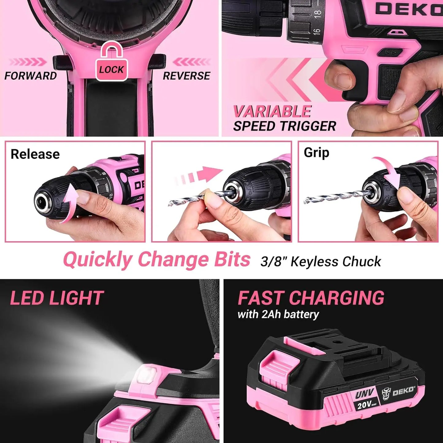 DeKo 20V Cordless Pink Drill Tool Kit With Battery