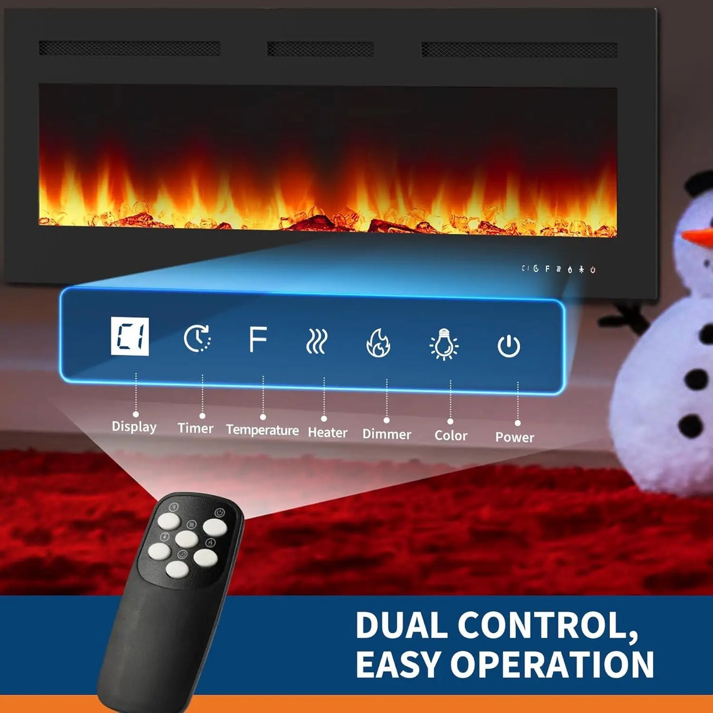 50" 3D Electric Fireplace Recessed & Wall Mounted Stove with 12 Color LED Flame Modes 900/1800w Dual-Power Heating