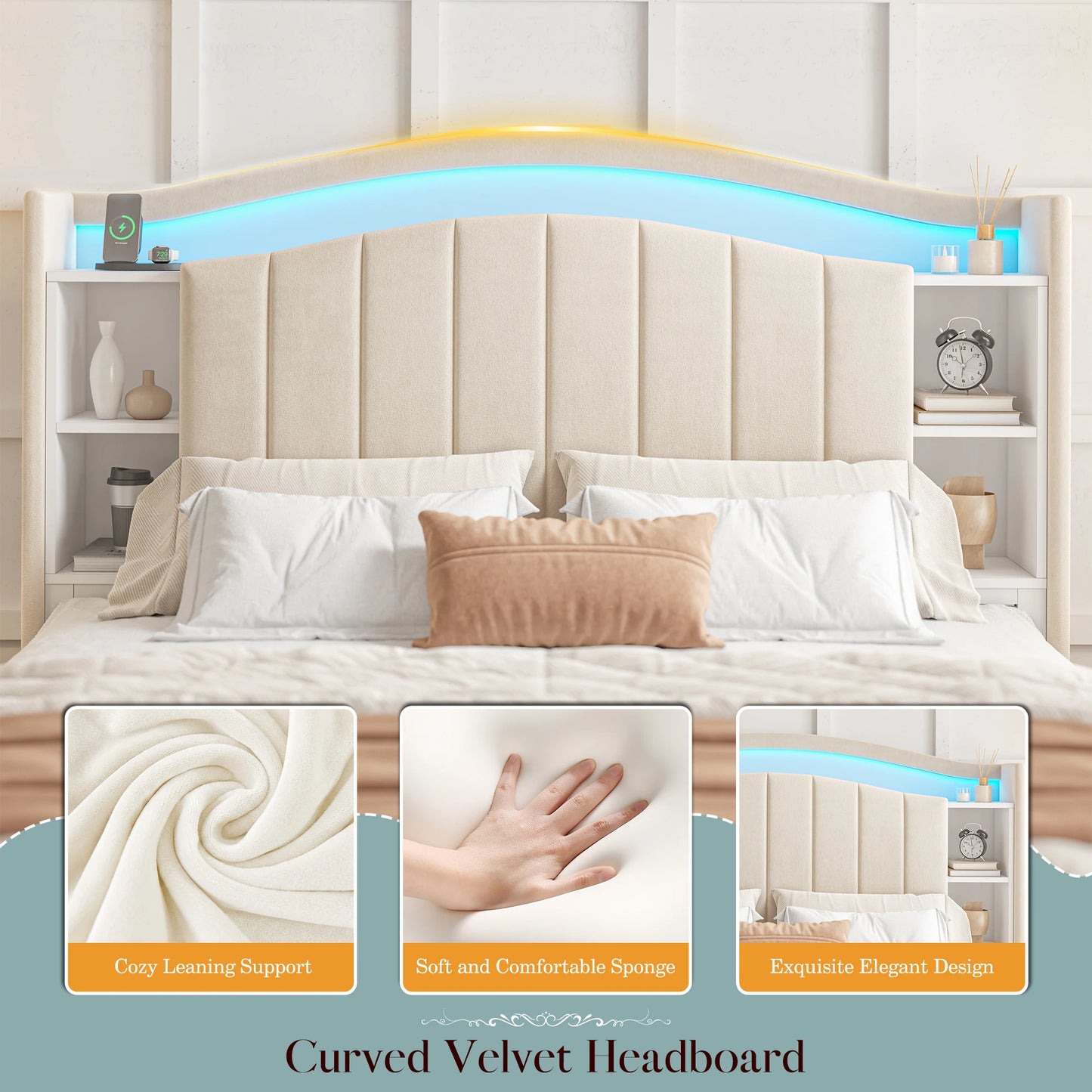 EnHomee Bookcase Platform Bed Frame With LED Lights