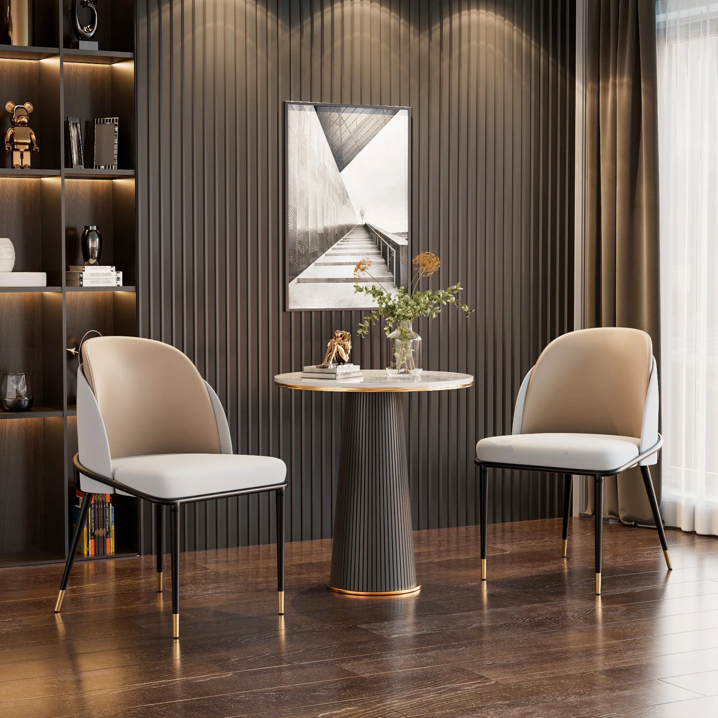 Two Faux Leather Upholstered Dining Chairs With Modern Wood Back