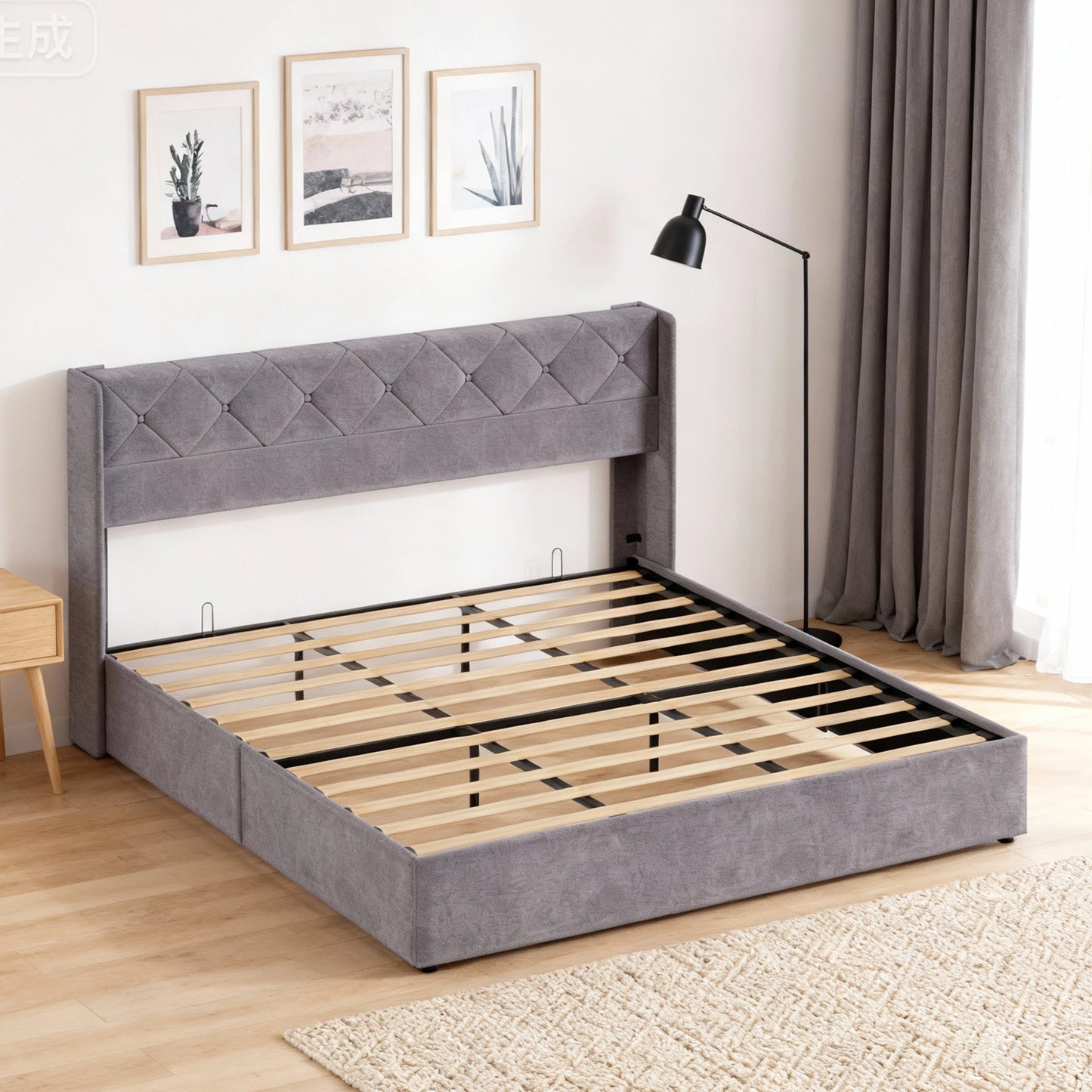 Mcq Hydraulic Lift Up Storage Bed With Wingback Headboard
