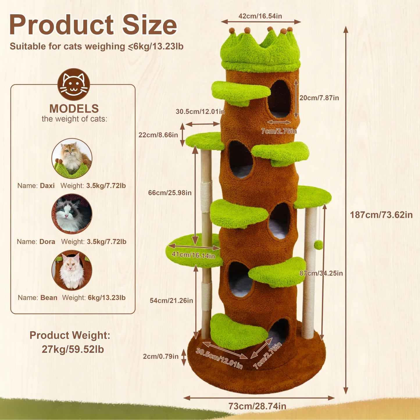 187CM Tall Indoor Cat Tree Tower Large Vibrant Green Cat Climbing Tree Activity Tower Crown-shaped Perch Plush Stairs Cat Condo