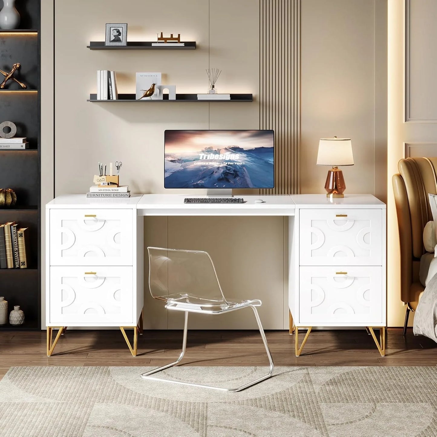 XIUWO Luxury Executive Desk With Four File Drawers