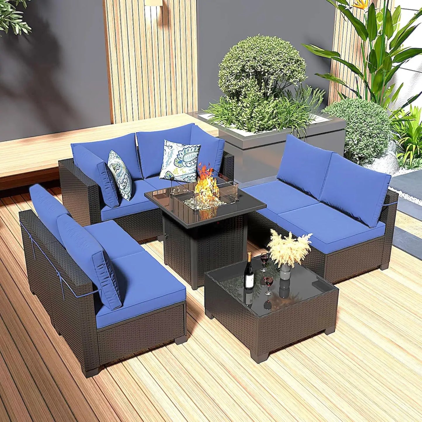 Durable Patio Furniture Set With Fire Pit Table Outdoor Rattan Sectional Sofa