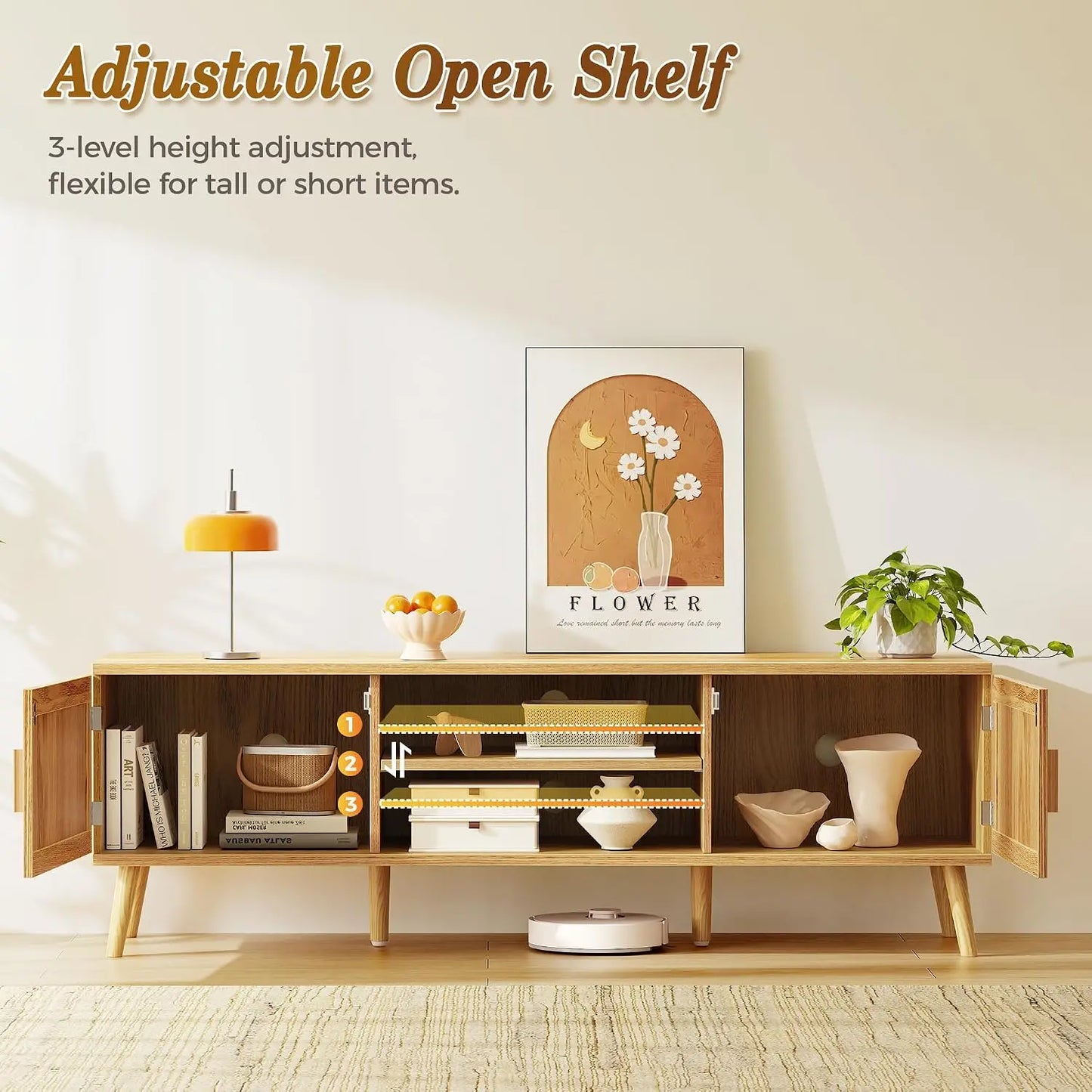 Boho TV Stand Rattan Console With Adjustable Shelves 2 Cabinets