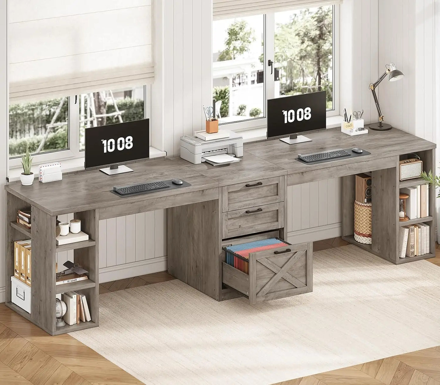 BIANXIANG Farmhouse Style 2 Person Computer Desk With Drawers