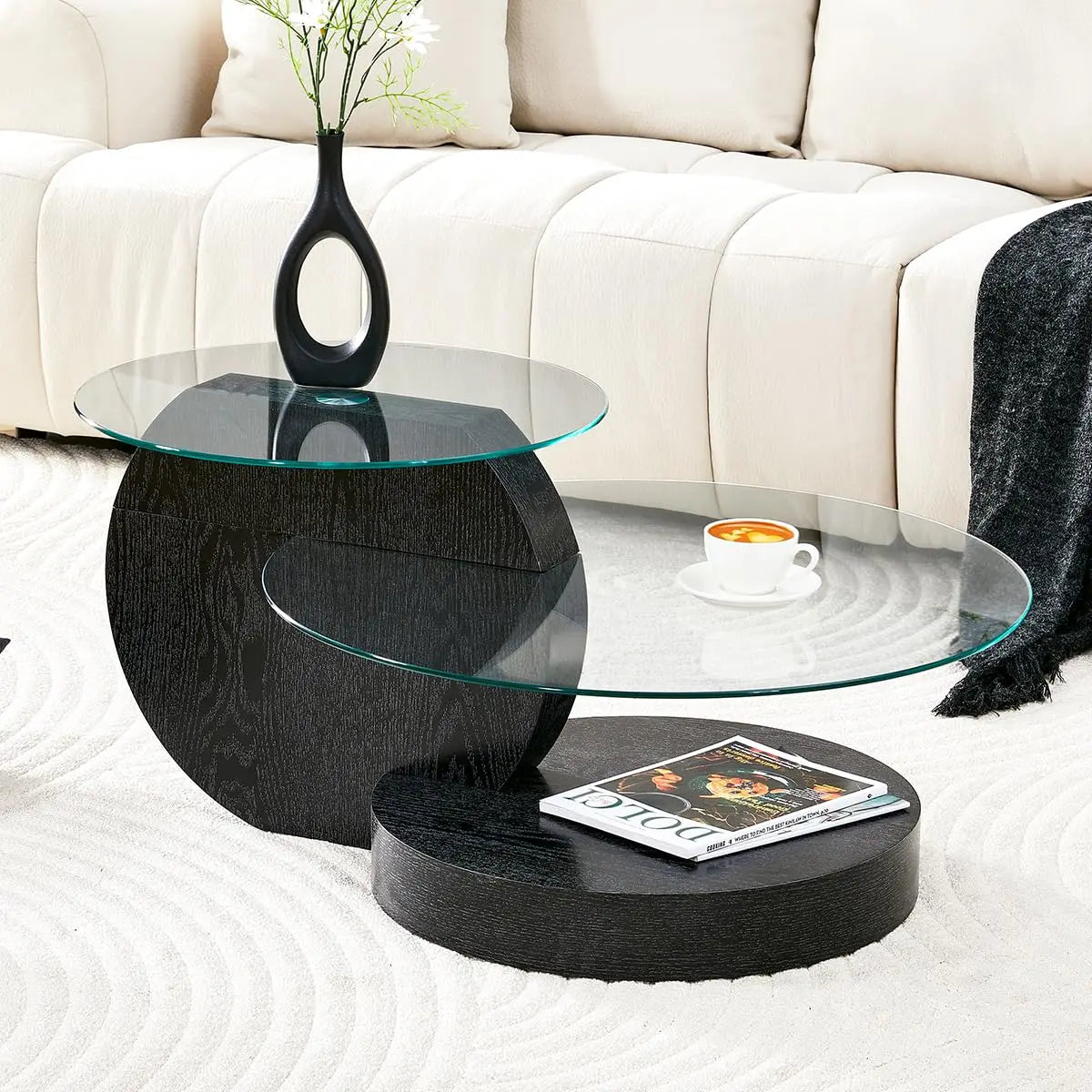 Glass Round Coffee Table Three Tier Tempered Glass Top Wood Base