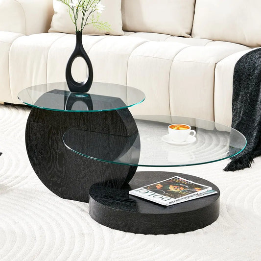 Glass Round Coffee Table Three Tier Tempered Glass Top Wood Base