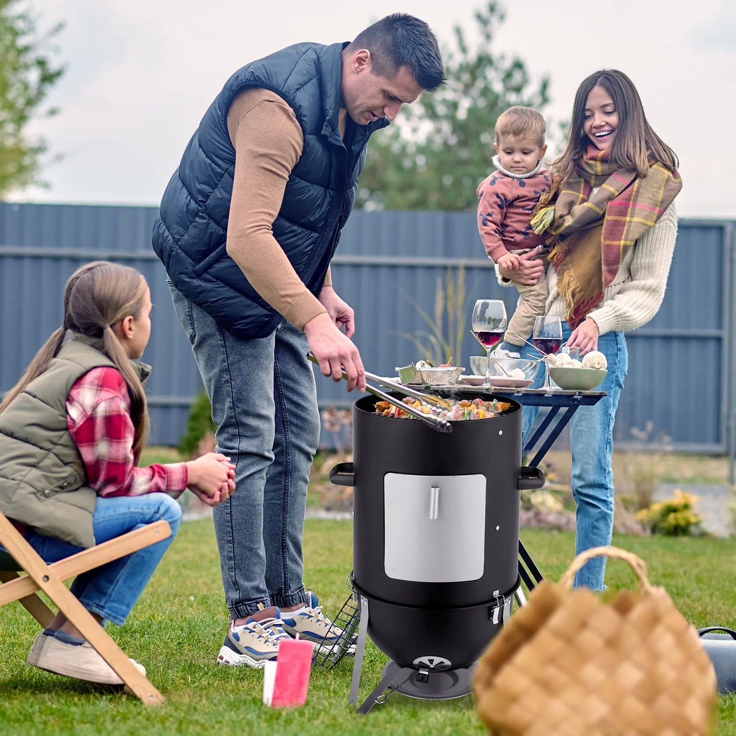 3 In 1 Outdoor BBQ Charcoal Smoker Grill Racks Thermometer