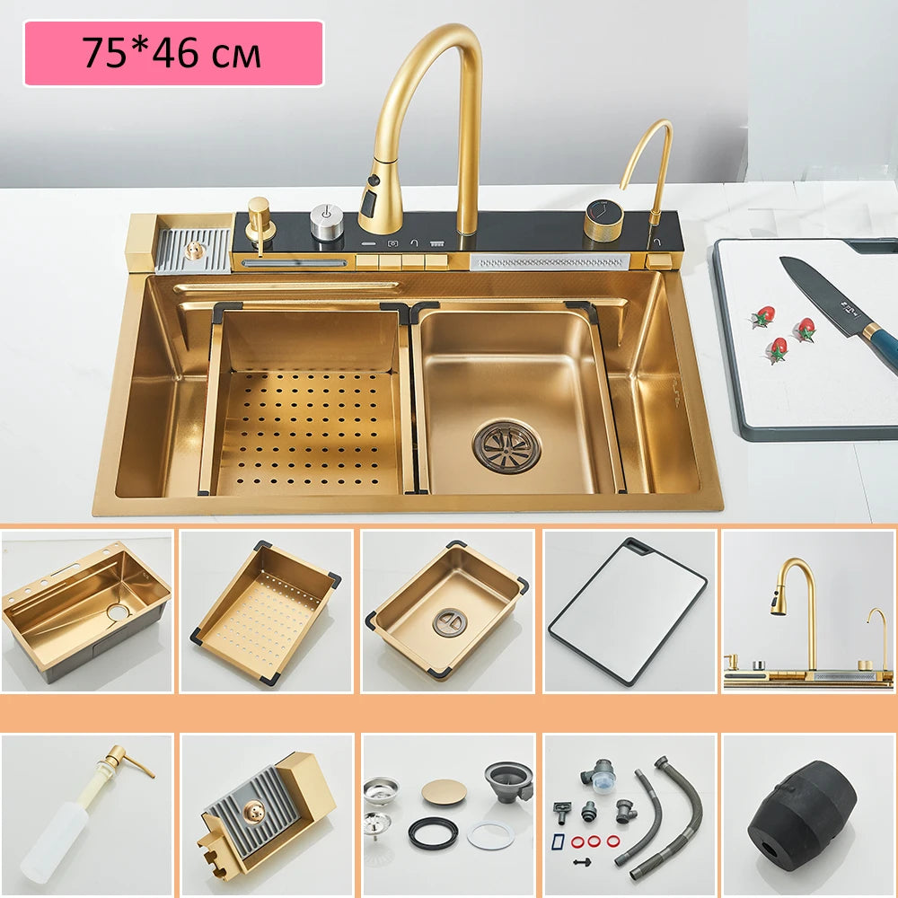 Quyanre Stainless Steel Kitchen Sink With Waterfall Design And Faucet