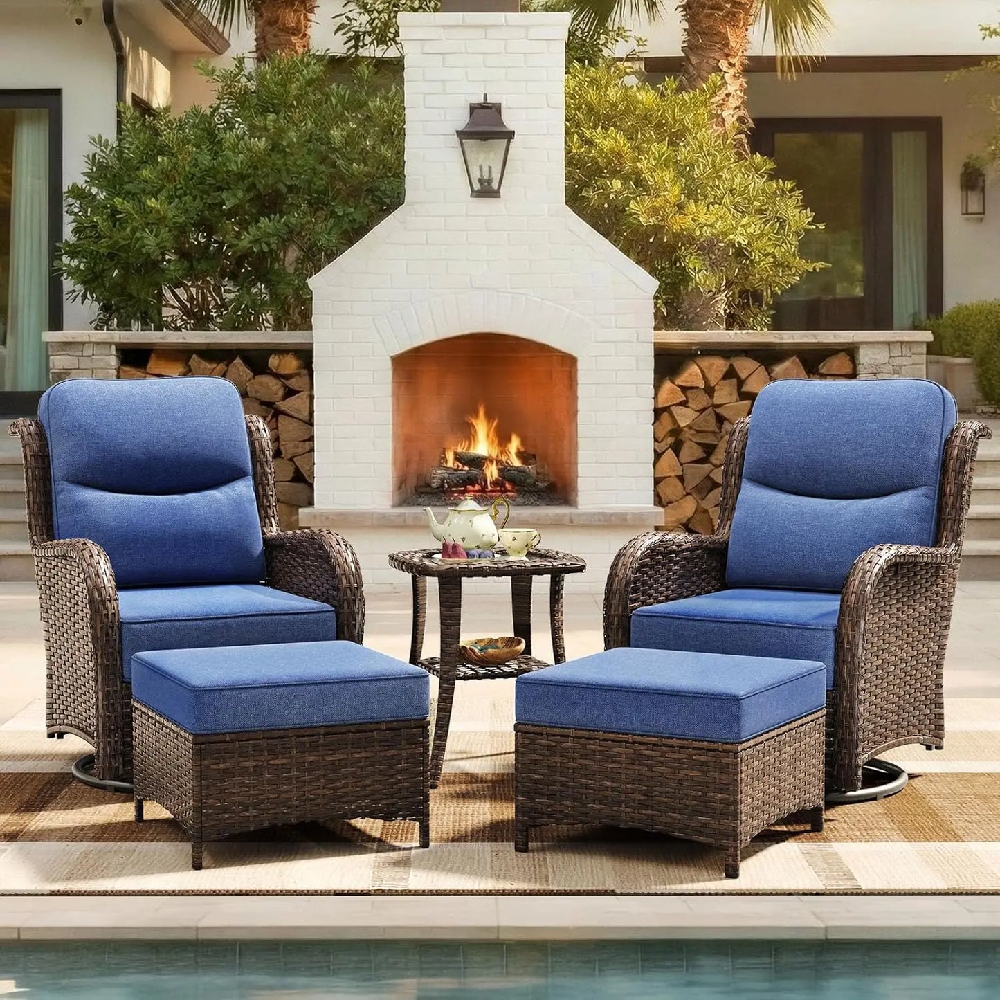 Luxury 5 Piece Wicker Patio Set With High Back Swivel Rocker Chairs