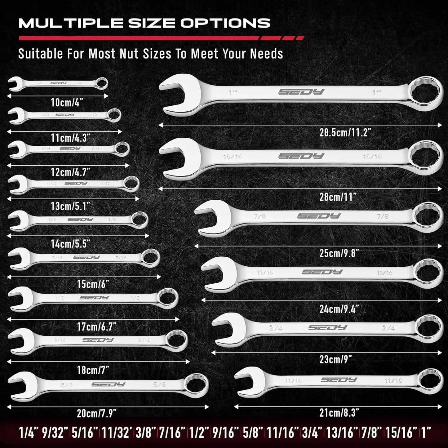 30-Piece Combination Wrench Set, 1/4" to 1" & 8-22mm, Professional 12-Point Wrench Kit with Organizer