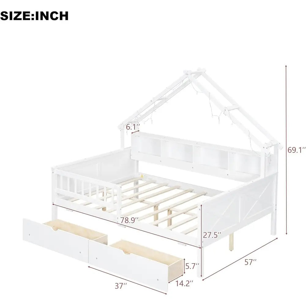 Full-Size Wooden Bed with Storage Drawers, LED Daybed, Shelves, and Safety Rails for Kids - White