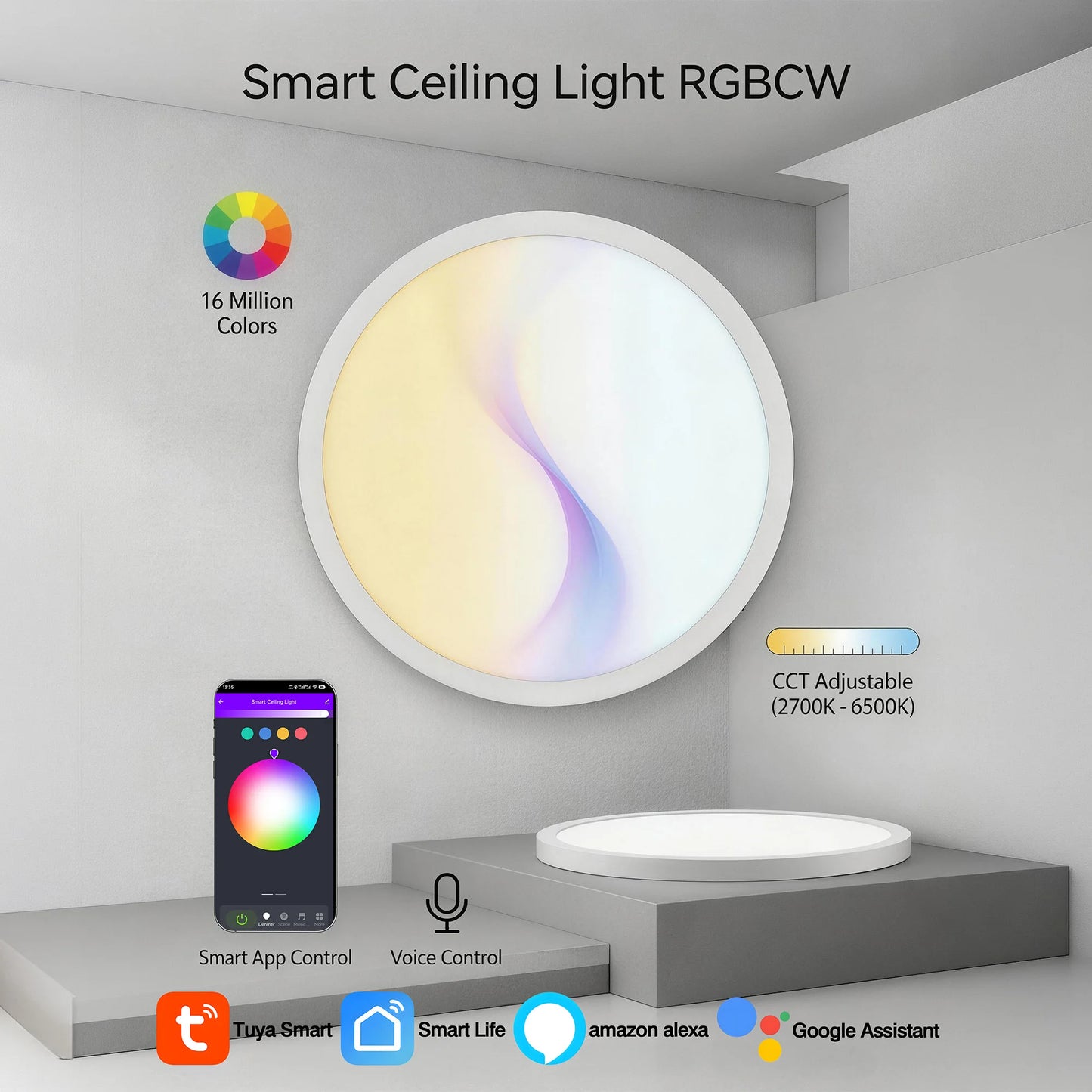 Tuaaryii Smart RGB Ceiling Light Dimmable LED Flush Mount