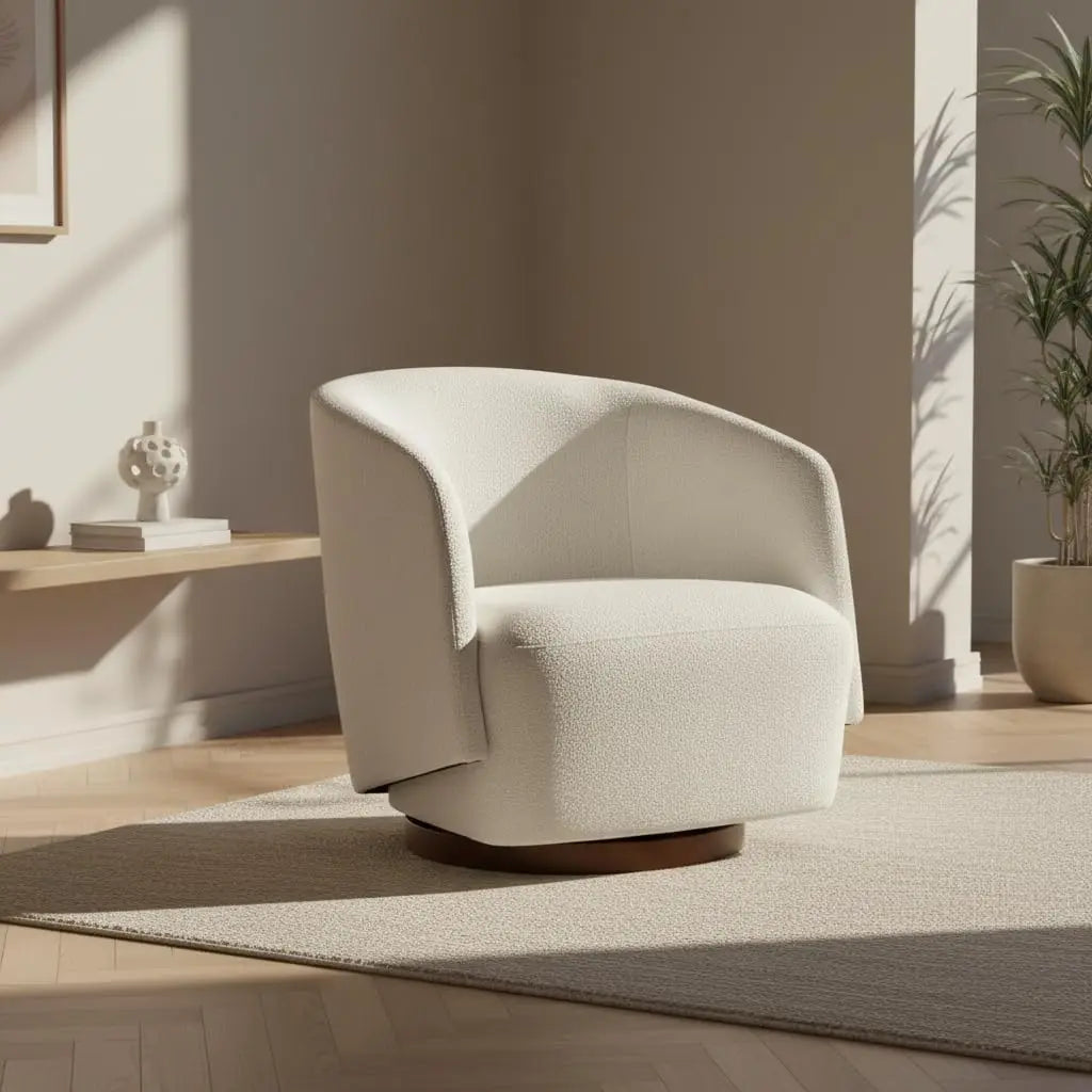 Boucle Swivel Accent Chair 360 Degree Upholstered Armchair Rubberwood Base