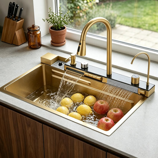 Quyanre Stainless Steel Kitchen Sink With Waterfall Design And Faucet