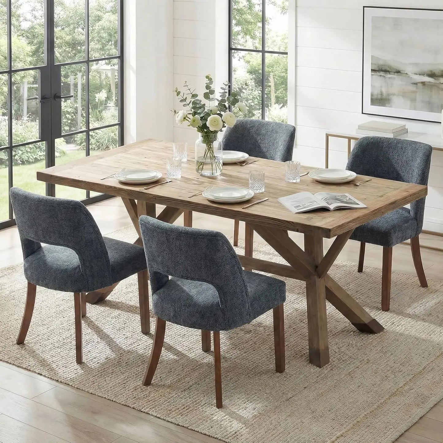 Frame Wooden Dining Chairs Set Of 4 Mid Century Modern Upholstered Rubberwood
