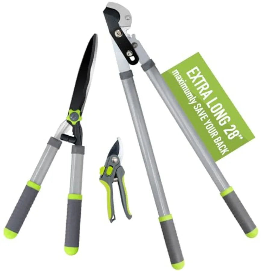 Garden Loppers Pruning Shears, Updated 3PCS Hedge Clippers Combo Set, Branch Cutter with Compound Action, Chops Thick High Bran