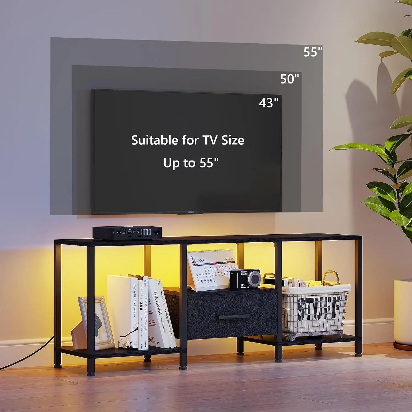 TV Stand With LED Lights And Fabric Drawer Media Console