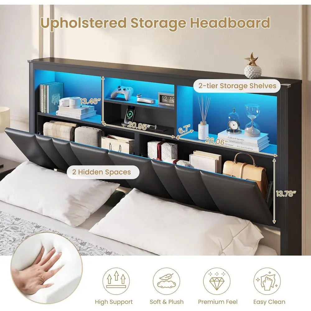 Upholstered Bed With Storage Drawers LED Lighting And Charging Station
