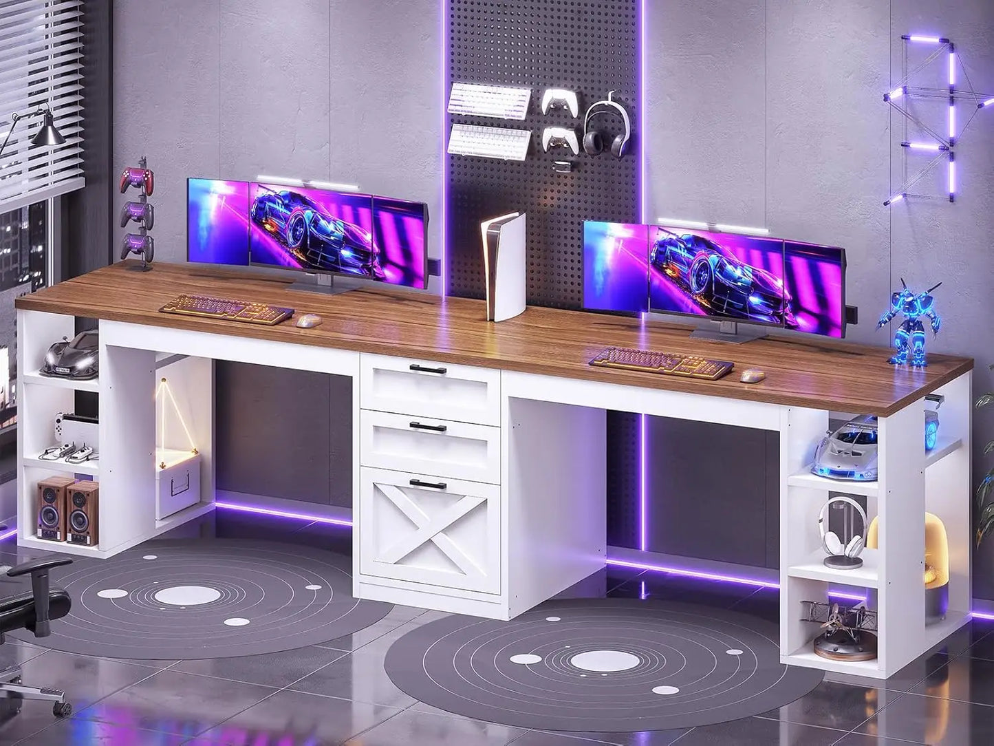 BIANXIANG Farmhouse Style 2 Person Computer Desk With Drawers