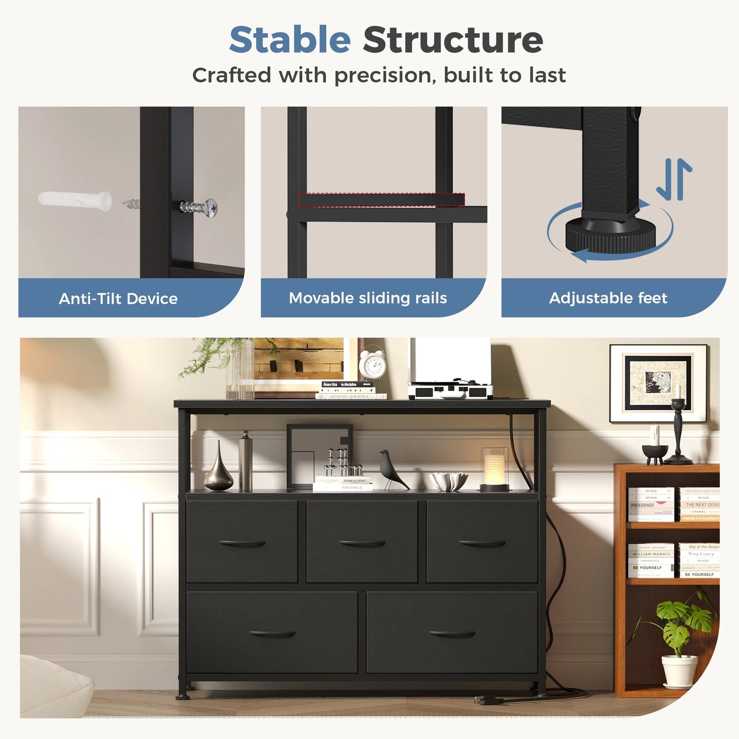 JHK TV Stand With Charging Station Media Console Open Shelves