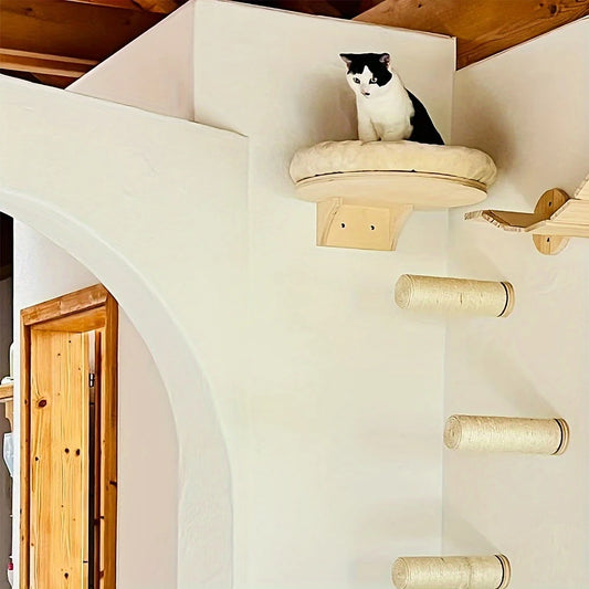 PETRAVEL Cat Wall Mounted Wooden Climbing Ladder Hammock Scratching Post