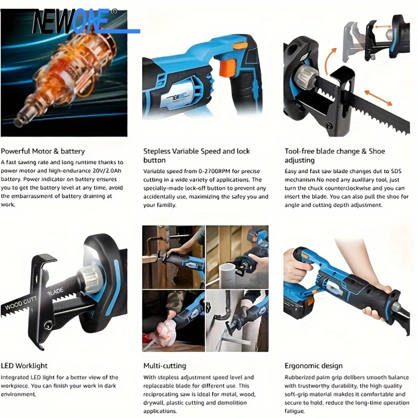 NEWONE 20V Reciprocating Saw With Stepless Variable Speed