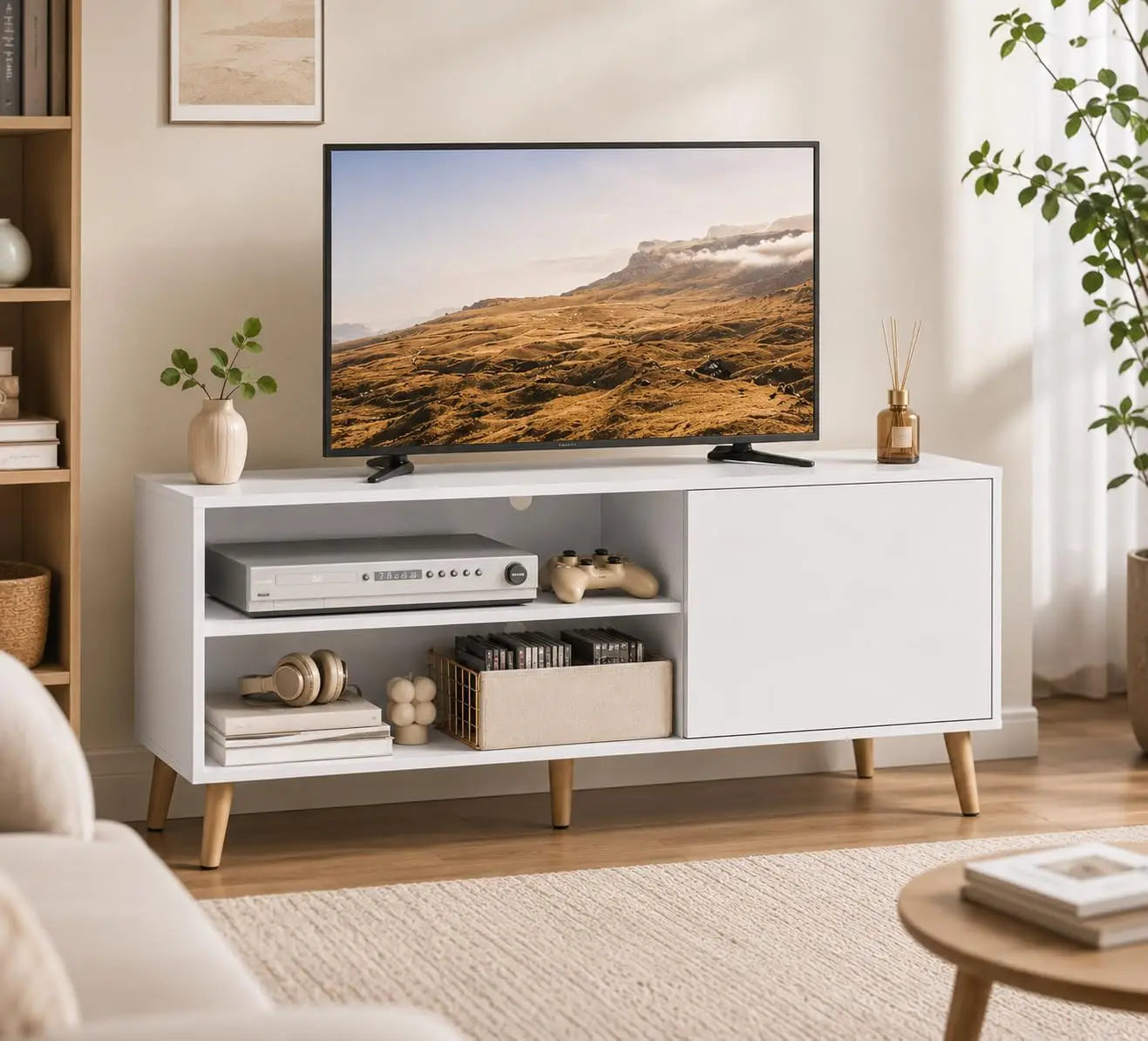 TV Stand With Storage Cabinet And Cable Management