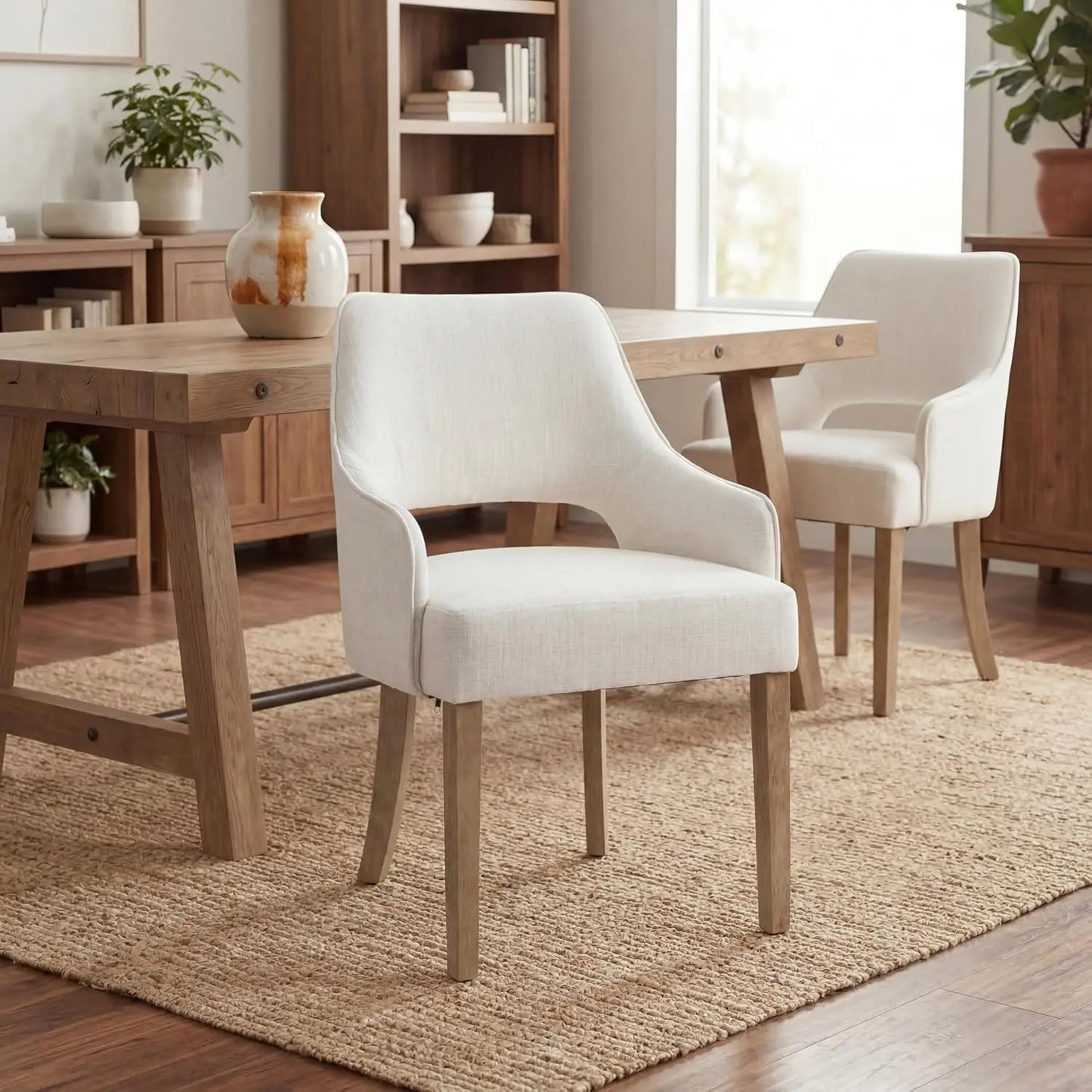 Farmhouse Linen Upholstered Dining Chairs With Arms Solid Wood Set