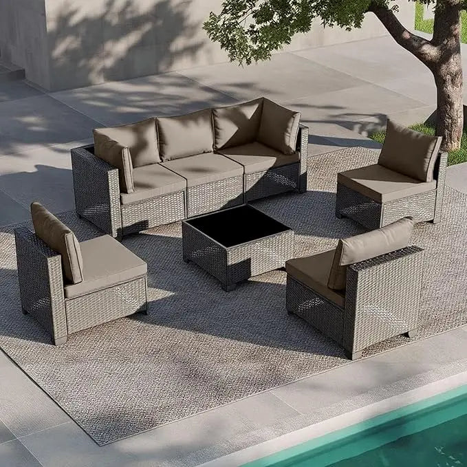 Outdoor Patio Furniture Set Rattan Wicker All Weather Sectional Sofa Glass Table