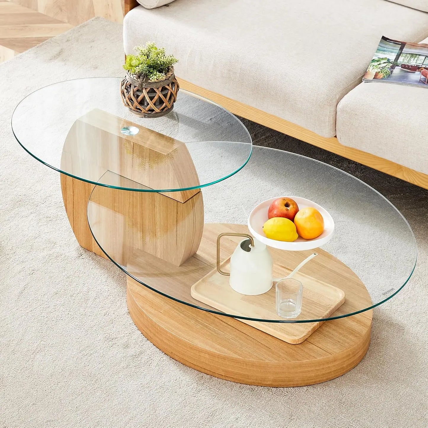 Glass Round Coffee Table Three Tier Tempered Glass Top Wood Base