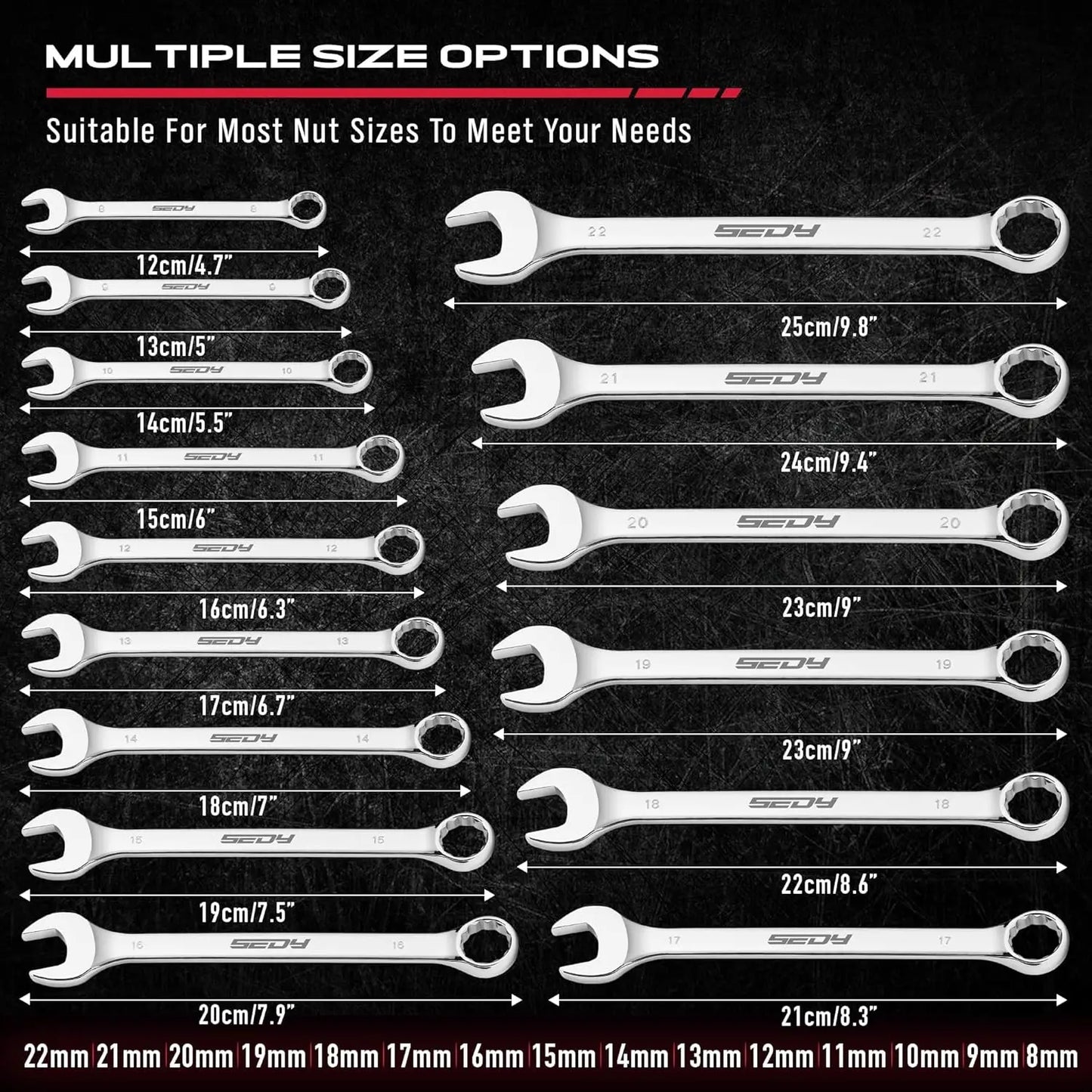 30-Piece Combination Wrench Set, 1/4" to 1" & 8-22mm, Professional 12-Point Wrench Kit with Organizer