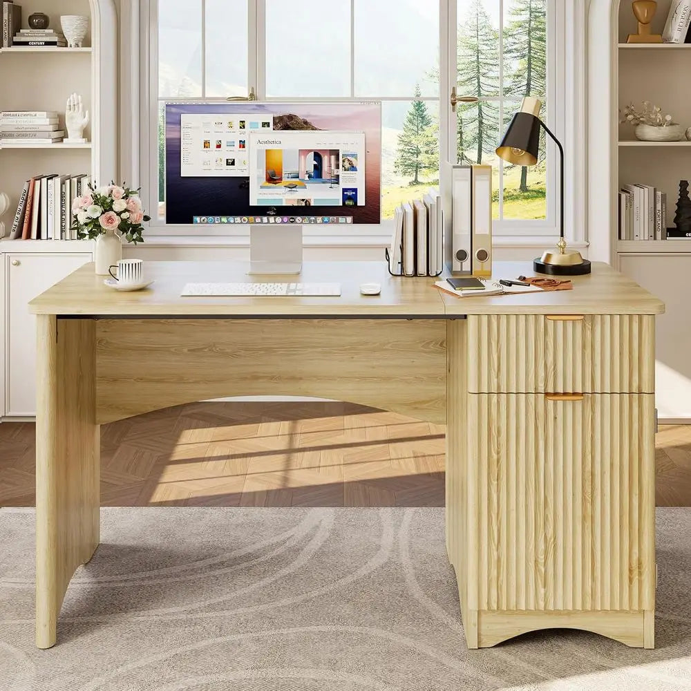 L Shaped Luted Computer Desk With Storage Cabinet Natural Oak