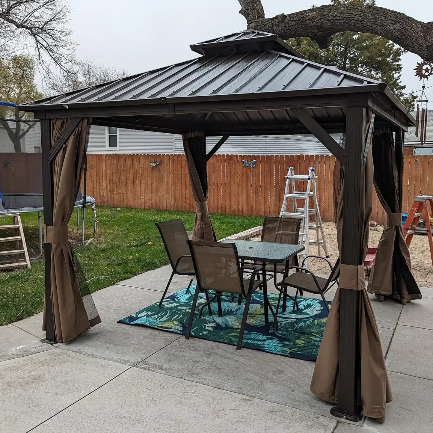 10x10FT, Aluminum Metal Gazebo with Galvanized Steel Double Roof Canopy, Curtain and Netting, Permanent Gazebo，Custom