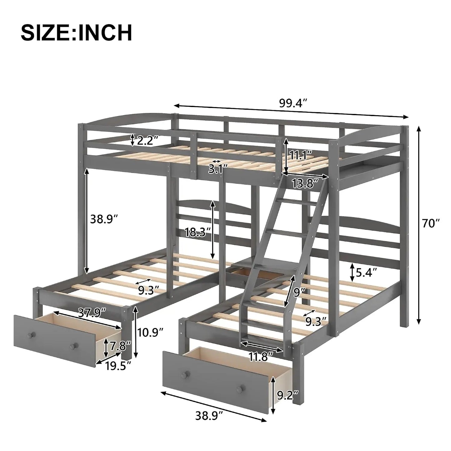 Triple Level Bunk Bed Frame With Integrated Storage Drawers