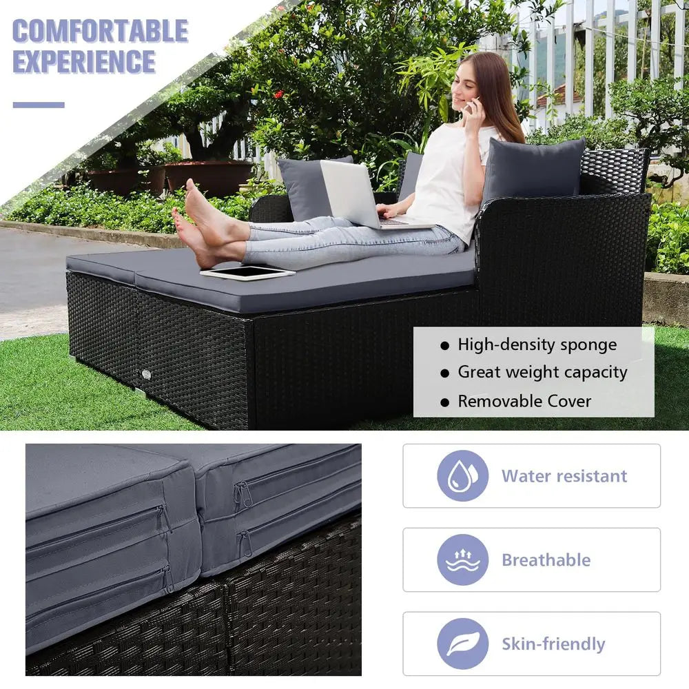 Rattan Patio Outdoor Daybed Wicker Two Person Sunbed Loveseat Cushions