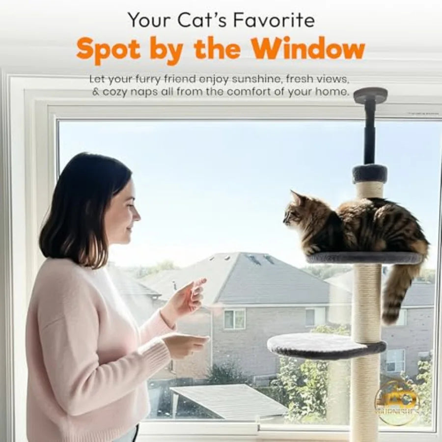 Adjustable Window Cat Tree for Indoor Cats Sturdy Window Sill Extender Seat in Brown Beige Large Cat Tower with Perch Shelf 104