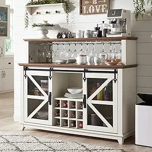 Farmhouse Coffee Bar Cabinet With Hutch And Sliding Barn Doors