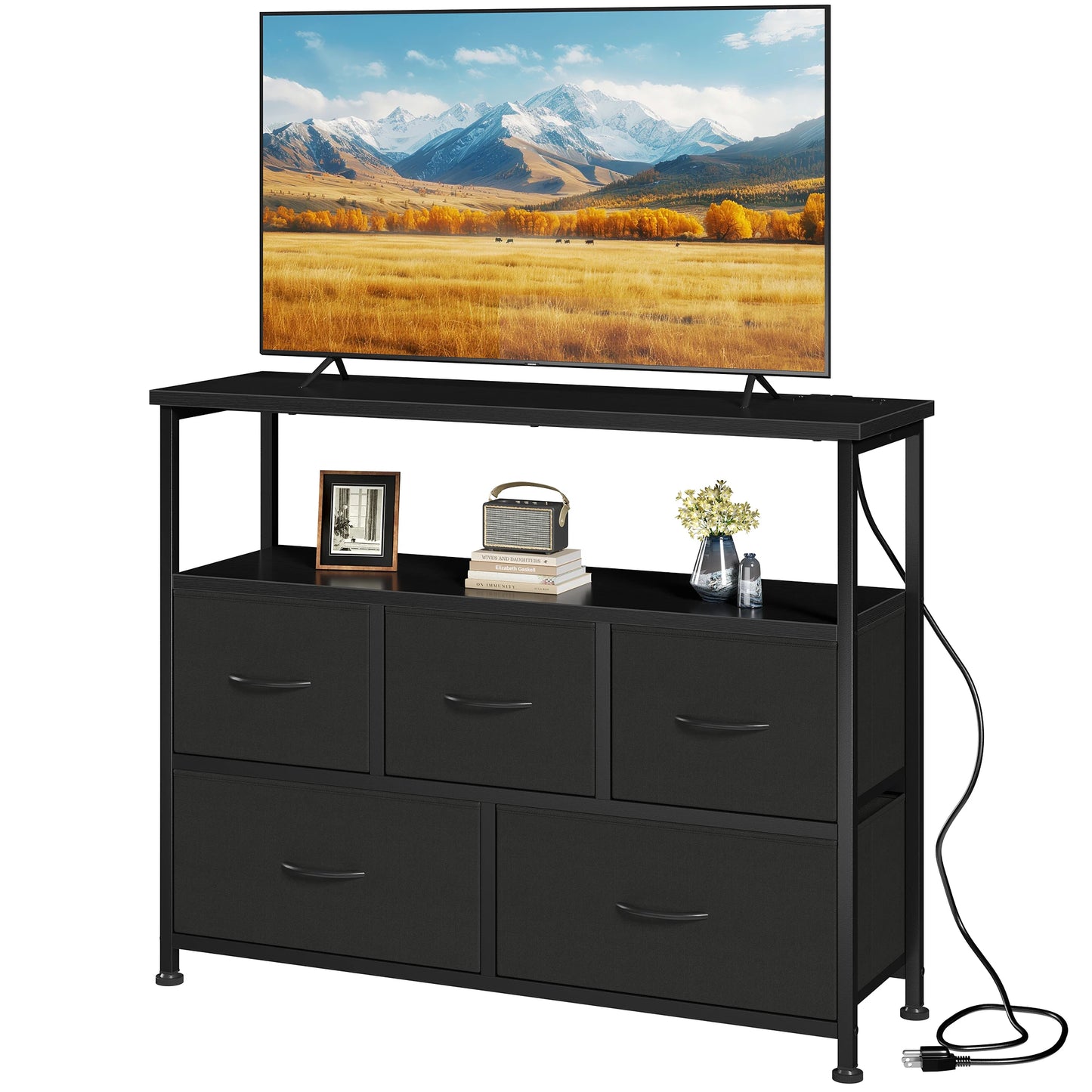 JHK TV Stand With Charging Station Media Console Open Shelves