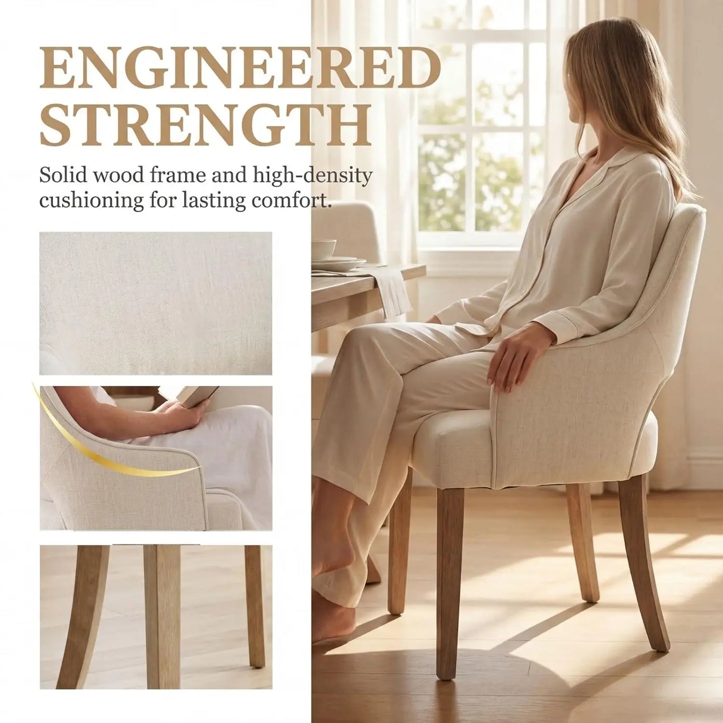 Farmhouse Linen Upholstered Dining Chairs With Arms Solid Wood Set