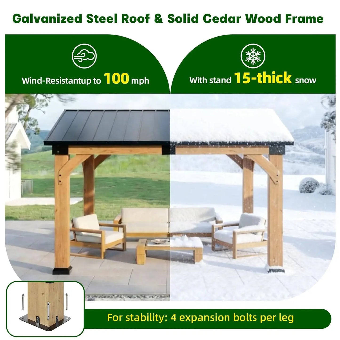 10x12ft Cedar Wood Hardtop Gazebo, Galvanized Steel Peak Roof, Snow & Wind Support for Outdoor Pavilion, Custom