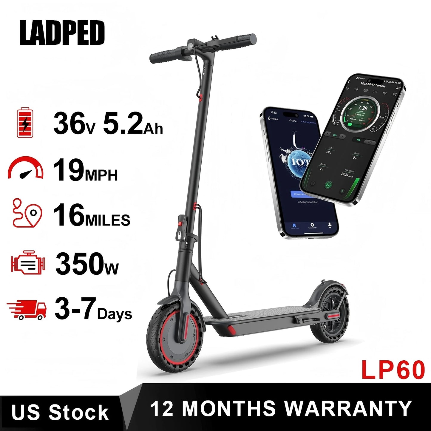 Ladped LP60 Electric Scooter 350W Folding 19mph 16 Mile Range