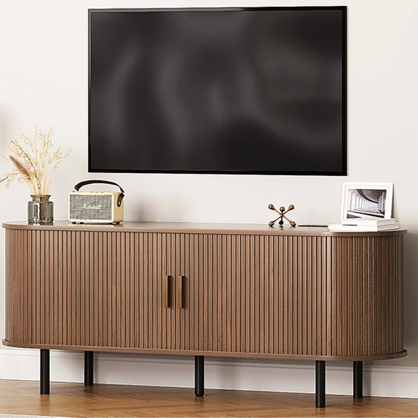 ONBRILL TV Stand with Power Outlet Sliding Doors and Shelves