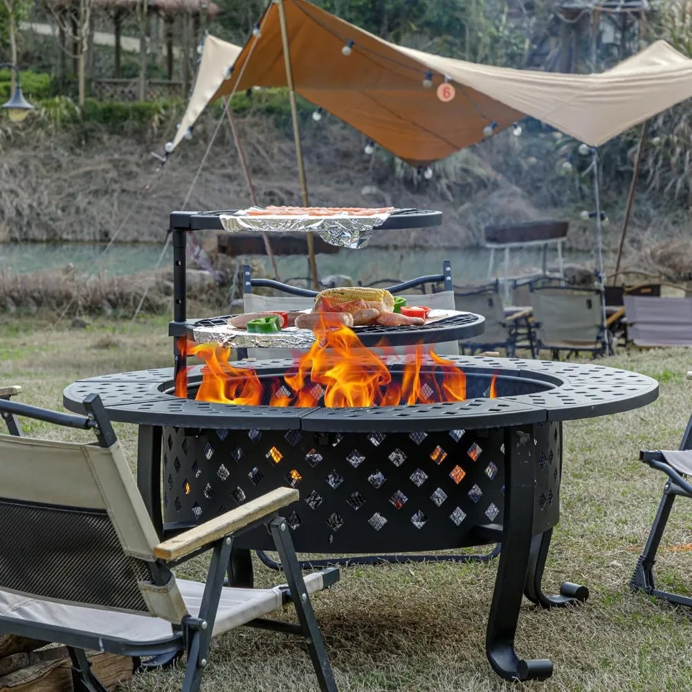 Outdoor Wood Burning Fire Pit with BBQ Grills and Lid