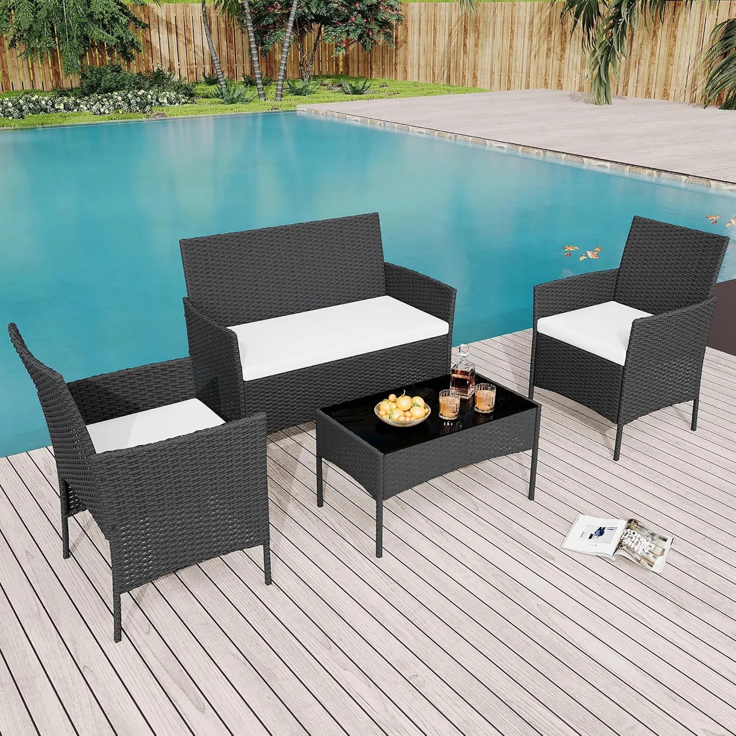 HiMISS 4 Piece Rattan Patio Bistro Furniture Set With Cushioned Sofa