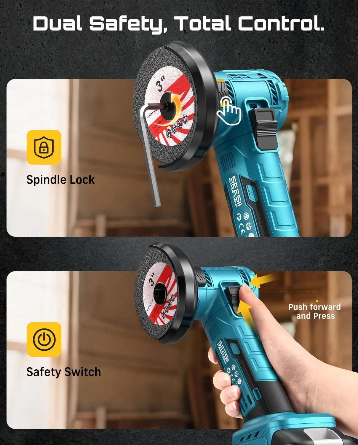SEESII Cordless Mini Angle Grinder 3 Inch Brushless Angle Grinder 19000 RPM with 2pcs 21V 2.0Ah Batteries, 7pcs Cutting Discs 210W Power Electric Grinder Tool for Metal Wood Polishing Rust Removal