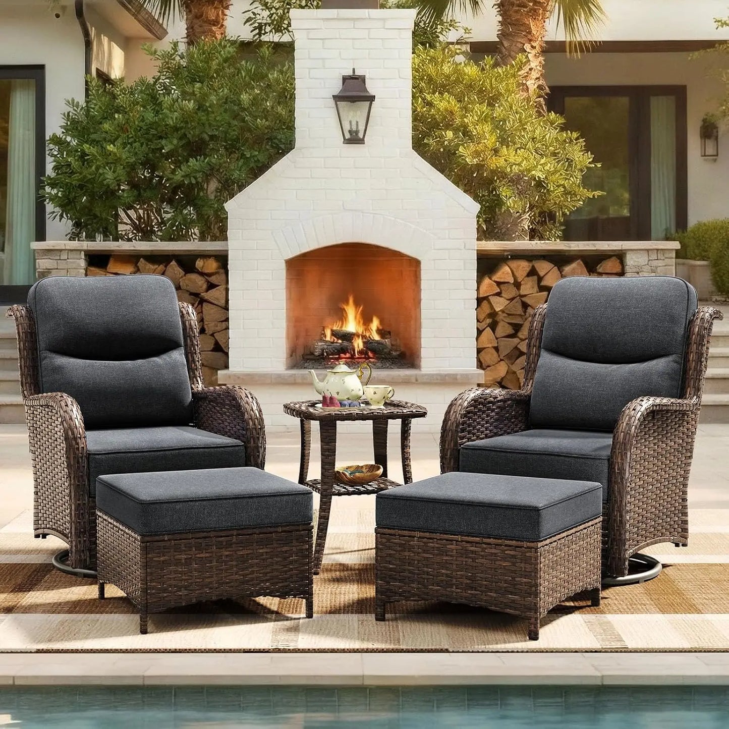 Luxury 5 Piece Wicker Patio Set With High Back Swivel Rocker Chairs