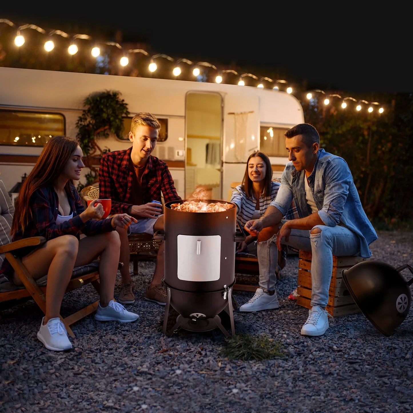 3 In 1 Outdoor BBQ Charcoal Smoker Grill Racks Thermometer