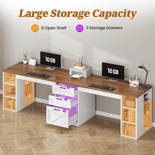 BIANXIANG Farmhouse Style 2 Person Computer Desk With Drawers